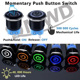 DMWD 1pc 22mm Metal Waterproof Anti-Vandal Momentary Push Button Switch 12V-24V LED Light (ON)-Off 5Pins 1NO 1NC with Pre-Wired Socket for 7/8" Mounting Hole Black Shell Power Symbol Green