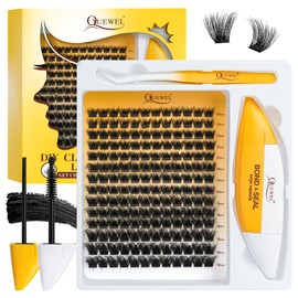 QUEWEL Cluster-Lashes Kit DIY Lash Extensions Kit, 168 pcs Individual-Lashes with Large Capacity 16ml Bond and Seal Lash Glue, Lash Applicator Easy to Use for Beginners at Home (Fluffy 3D-Mix Kit)