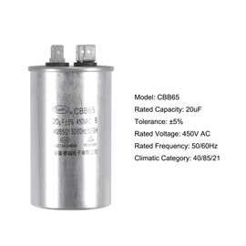 sourcing map Motor Capacitor CBB65 20uF 20mfd 450V AC 40/85/21 Aluminium Housing with Terminal for Air Conditioning Compressor Pack of 2
