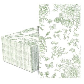 Mwellewm 100Pcs Green Floral Napkins Guest Disposable Hand Towels for Bathroom Paper Napkins Decorative Sage Green Flower Dinner Napkin for Bridal Baby Shower Tea Party Wedding Birthday Spring Party