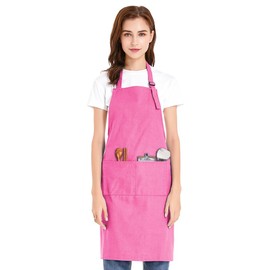 TOPTIE Unisex Bib Apron, Cotton Canvas Adjustable Chef Cooking Apron with Pockets-Hot Pink-L