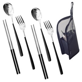 FOXDOOR Cutlery Set, Chopsticks, Spoon, Fork, Storage Case, Scandinavia, Disaster Prevention, 7.9 inches (20 cm), Black, Stainless Steel, Camping Cutlery, 3 Piece Set, For 2 People, 3 People, 4 People