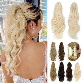 Cephermer Ponytail Extension Claw 18" Natural-Looking Synthetic Wavy Long Pony Tails Hair Extensions Bleach Blonde Clip-In Hairpiece for Women