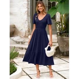 Simplee Womens Summer Smocked Flowy Dress - Casual V Neck Button Down Short Sleeve Midi Dresses for Women Navy Blue L