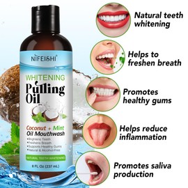 Coconut Oil Pulling for Teeth, Oil Pulling Mouthwash with Tongue Scraper, All-Natural Alcohol Free Mouthwash, Helps with Fresh Breath, Teeth Whitening and Gum Health, Coconut Mint Flavor (8 Fl Oz)