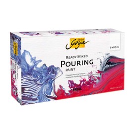 KREUL 87230 - Solo Goya Ready Mixed Pouring Set, Pre-Mixed Pouring Acrylic Paint, 6 Bottles of 80 ml in White, Carmine Red, Magenta, Cobalt Blue, Black and Sapphire Blue, for Casting and Flow