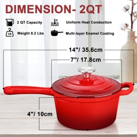 Enameled Cast Iron Sauce Pan with Lid, Leonyo 2 Quart Saucepan with Lid, Small Enamel Cast Iron Dutch Oven Kitchen Cookware for All Cooktops Making Pasta Sauce, Soup, Milk - Up to 500°F & Red