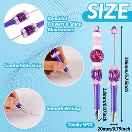 5 Pcs Fine Purple Beadable Pens, Glitter Cool Ballpoint Pens, Plastic Shaft Black Ink Beaded Pen for Wedding Christmas Bridal Graduation Gifts School Office Teacher Student Supplies