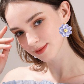 unixmoment Bohemian Handmade Colorful Resin Flower Floral Camellia Dangle Drop Leverback Earrings For Women (Purple)