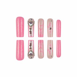 MISUD Press on Nails - Long Square Glue on Nails with Pink, Acrylic Bling Glitter Rhinestone Design 24 pcs