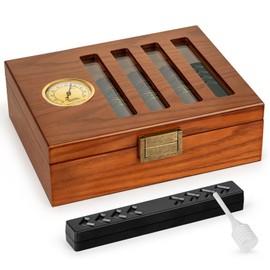 SEMKONT Cigar Humidor, Antique Locking Cedar Wood Desktop Cigar Case, Strip View Window Glass Top Cigar Storage Case,with Humidifier and Hygrometer,Hold 20-25 Cigars