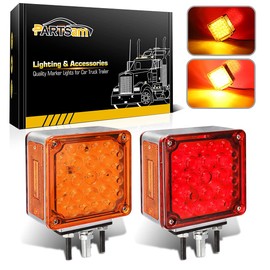 Partsam 2Pcs Square Dual Double Face Fender Stop Turn Signal Tail 52 LED Amber/Red, Truck Trailer Double Face Led Pedestal Lights Waterproof, Dual-face lights with Three Studs Waterproof