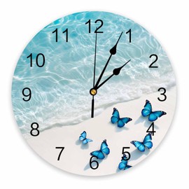 CosyBright Blue Butterfly Waves Silent PVC Wall Clock 10 Inch Round Ocean Beach Hanging Clock for Kitchen Non Ticking Battery Operated Living Room Mute Clock