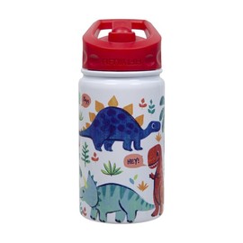 Kids' Dinosaur Water Bottle with Red Lid, 350ml, White with Colourful Design
