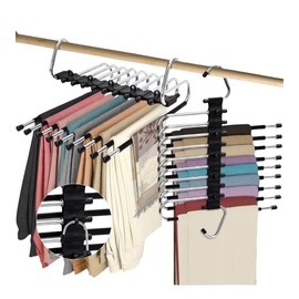 2Pack 9 Layers Foldable Pants Hangers Space Saving Trouser Hanger Multifunctional Trouser Rack Hanger Hanging Hole for Wardrobe Trousers Scarf Jeans (Black)
