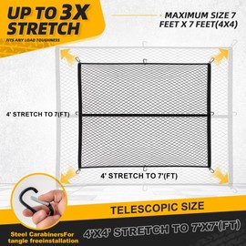 Heavy Duty Cargo Net for Pickup Truck Bed - Stretches from 4' x 4' to 7' x 7' - 8 Metal Carabiners - Compatible with Ford, Dodge RAM, Chevy, Toyota (4'x4' Feet)