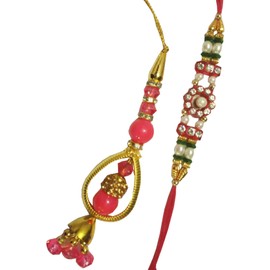 Purpledip Bhai Dooj Rakhi Hamper: Bhai Rakhi Bracelet. Bhabhi Rakhi (Lumba or Latkan), Miniature Ganesha Statue, Roli Chawal Tika (rakhi79c)