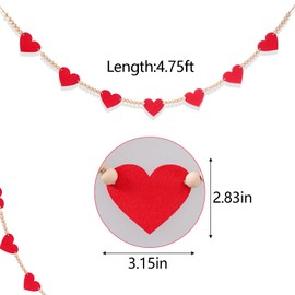 Red Felt Heart Wood Bead Garland Banner Valentine’s Day Decorations for Fireplace Mantle Walls Home Party Decor