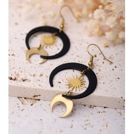 Hanary Gothic Black Boho Sun and Moon Earrings, Crescent Moon Star Pendant, Celestial Earrings, Goth Jewelry Gift for Women