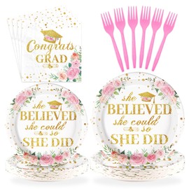 96Pcs Pink Graduation Decorations Class of 2025 Floral Congrats Grad Plates Disposable Graduation Plates Gold Bachelor Cap Grad Tableware for Women 2025 Graduation Prom Party Decorations, Serves 24