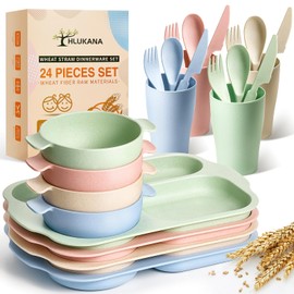 Hlukana 24 Pcs Wheat Straw Dinnerware Cutlery Set, Unbreakable Tableware Set, Including Kids Toddlers Divided Plates, Bowls, Cup, Cutlery Spoons Knifes Forks, BPA Free, Microwave Dishwasher Safe