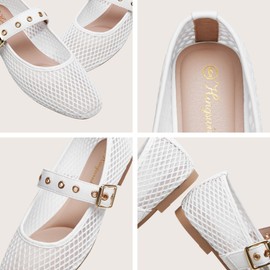 hingswink White Mary Jane Shoes Women Fishnet Mesh Ballet Flats with Strap Buckle Closed Toe MaryJanes Ballerina Flats for Women Dressy Comfortable, MeshWhite9