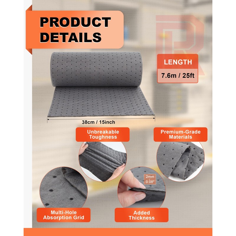 15" Wx25'L Oil & Water Absorbent Pads Mat Roll |