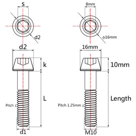 Wanyifa Titanium M10 20 25 30 35 40 45 50 55 60 70 80 100 Ptich 1.25 1.5mm Hex Allen Tapered Socket Head Bolt Screws Pack of 4 (M10x35mm Pitch 1.25mm, Ranibow)