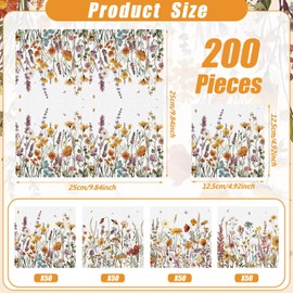 Fulmoon 200 Pieces Autumn Floral Cocktail Napkins Disposable Fall Flower Decoupage Paper Napkins Wildflower Beverage Towel for Summer Fall Party Favor Supplies