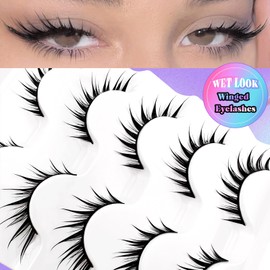 Falsche Wimpern Manga Wimpern Wet Look D-curl Cat-Eye Japanese Style Cosplay Spiky Anime Lashes 20mm Long Dramatic Thick Faux Mink Doll Eyelash Wispy Individual Clusters 5 Paare Pack(AL05)