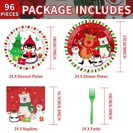 96Pcs Christmas Party Supplies 350GSM Cartoon Reindeer Penguin Snowman Christmas Paper Plates and Napkins Disposable Holiday Plates Dinnerware Set for Xmas Party Holiday Christmas Decorations Serves24