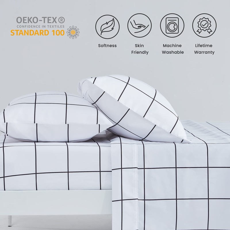 SLEEP ZONE Printed Plaid Queen Size Sheet Set 4 Piece