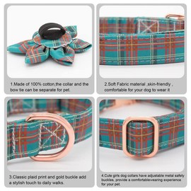 Hilkycton Plaid Dog Collar Leash Set with Bow Tie Adjustable Cute Puppy Collar with Durable Metal Buckle Girls Boys Dog Collar for Small Medium Large Dogs Turquoise-XS