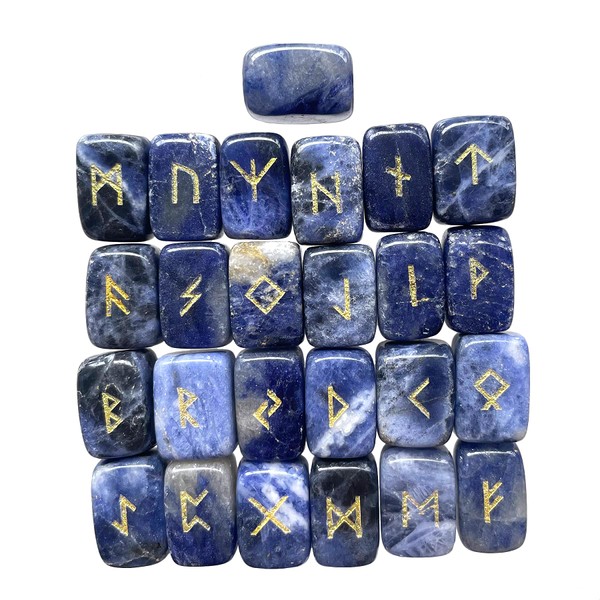 Hslutiee Natural Healing Crystal Rune Stone Set with Engraved Elder Futhark Alphabet Wicca Divination Feng Shui Chakra Balancing Reiki 25Pcs, Sodalite