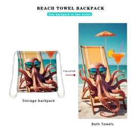Beach Towels with Integrated Storage Bag, 55"x28" Microfiber Beach Towel, Lightweight Large Quick Dry Towel for Swimming, Sports, Beach, Gym, and Travel (A-Octopus)
