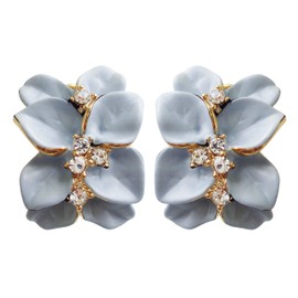 Navachi 18k Gold Plated Clear Crystal Gray Enamel Leaves Flower Omega Earrings