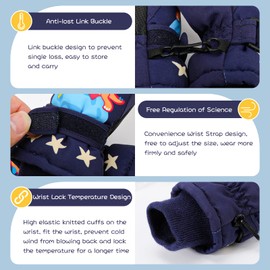 QKURT Kids Ski Mittens, Winter Warm Waterproof Gloves with Novel Dinosaur Pattern, Winter Outdoor Sports Skateboard Warm Gloves for 1-7 Years Kids