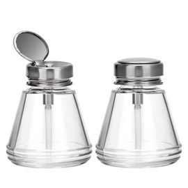 BARBERPLAN 100ML Pump Dispenser Bottle, Tapered Metal Flip Cover 2 Pack Clear Glass Bottle for Nail Polish Remover, Makeup Remover, Alcohol