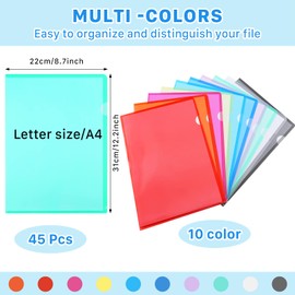 45PCS Clear Document Folders,Clear Colored Plastic Folders,10 Colors Plastic Project Pockets,A4 Letter Size Transparent File Folders,L-Type Plastic Sleeves for School Office Supplies,12.2" x 8.7"