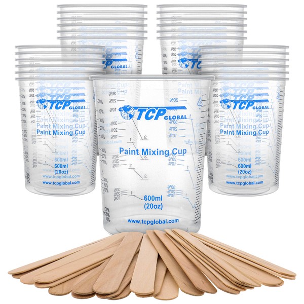 TCP Global 20 Ounce (600ml) Disposable Flexible Clear Graduated Plastic Mixing Cups - Box of 25 Cups & 25 Mixing Sticks - Use for Paint, Resin, Epoxy, Art, Kitchen - Measuring Ratios 2-1, 3-1, 4-1, ML