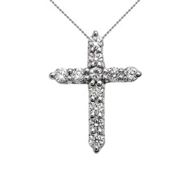 Elegant Sterling Silver 1 Carat Round Cubic Zirconia Cross Pendant Necklace, 16"
