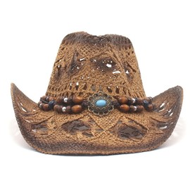 Adult Men Women Summer Casual Beach Hat, Bead Decor Top Hollow Out Straw Cowgirl Cowboy Hat for Vacation (02Dark Coffee, ONE Size)