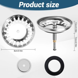 Dachiy Universal Strainer Basket Drain Plug, Stainless Steel Sink Plug, Kitchen Drain Strainer, Sink Accessories, Sink Strainer, Sink Plug (Silver, 80 mm Wide)