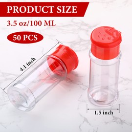 50 Pcs Plastic Spice Jars Spice Bottles Seasoning Jars Spice Shaker Plastic Jars 3.3fl oz/100ml Seasoning Shaker with Red Shaker Lid for Storing Spice Herbs and Seasoning Powders for Kitchen Camp