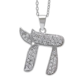 Silver Chai Necklace with Cubic Zirconia Stones - 925 Sterling Silver - Jewish Pendant Jewelry - Adjustable Silver Necklace 16”-18” Included!