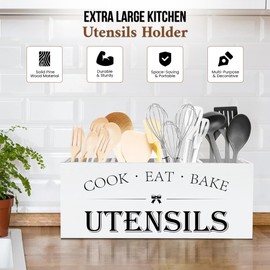 Twin Cities Goods Extra Large Kitchen Utensil Holder with 4 Compartments, Wooden Countertop Organizer, Rustic Black Farmhouse Decor for Cooking Tools, Spoons, Spatulas, Knives & Forks - White Grain