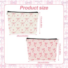 2PCS Pink Bow Makeup Bag for Women Girls, Pink Lovely Heart and Bow Preppy Make up Pouch with Zipper, Stylish and Cute Coquette Makeup Bags,Travel Toiletry Bag Gifts for Women Teens Girls (Printing)