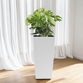 22.6" H Indoor/Outdoor Faux Rattan Planter Pots with Self Watering System,Modern Square PP Plastic Planters Drainage Holes, 2 Pack Large Flower Pot for Garden Patio Balcony,White