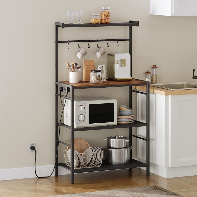 MAHANCRIS Bakers Rack with Power Outlet, Kitchen Storage Shelf with