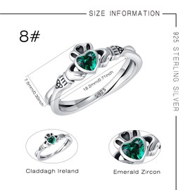 Waysles Claddagh Ring for Women S925 Sterling Silver Claddagh Ring with Green Heart and Birthstone Celtic Knot Ring Irish Jewelry St Patrick's Day Gifts, Sterling Silver, No Gemstone